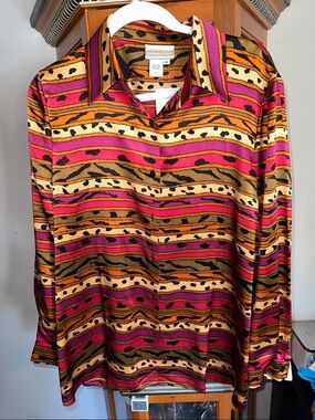 Coldwater Creek Striped 100% Silk Animal-Print Button-Down in Pink, Orange & Tan